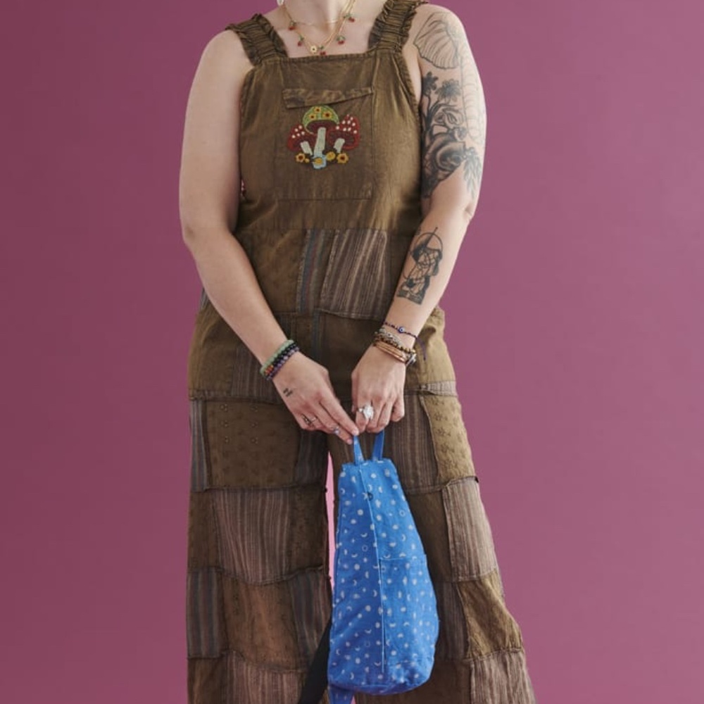 Earthbound Patchwork Jumpsuit Overalls | Mushroom Embroidery | Size XXL | Stretc